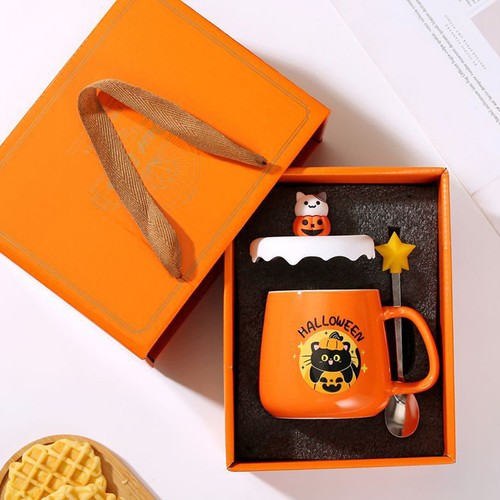 New Halloween Ceramic Mug With Lid Spoon Gift Coffee Pumpkin Cup Set - Picture 7 of 13