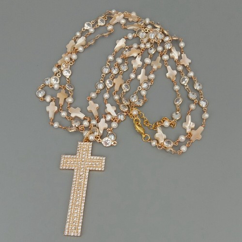 23" Pearl Shell Cz Rosary Chain Necklace Cubic Zirconia Pave Crucifix Pendant - Picture 7 of 8
