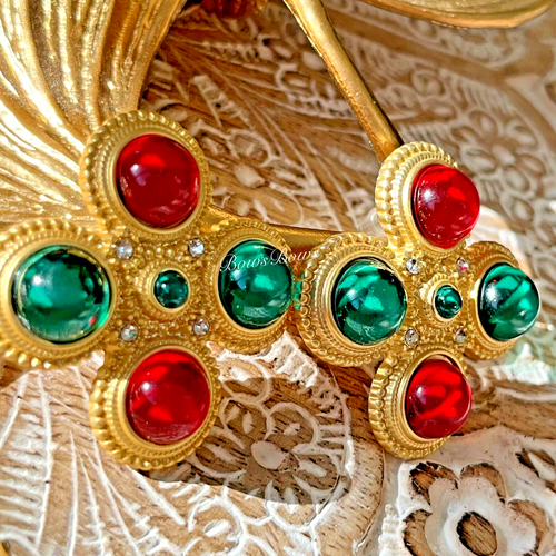 NUOVISSIMO Orecchino Vintage Placcato Oro Resina Palo Argento Rosso/Verde - Foto 2 di 3