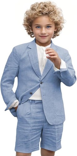 Boy Linen Suit Set 2 Pieces Blazer Short Pants Summer Outfit Wedding Ring Bearer - Picture 4 of 40