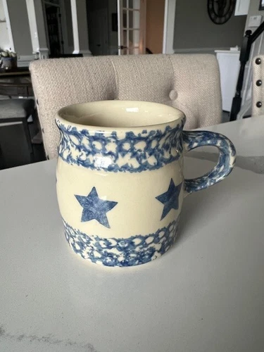 RARE Gerald Henn Workshops Blue Spongeware Stars Mug Cup 3.5" Tall Excellent Con