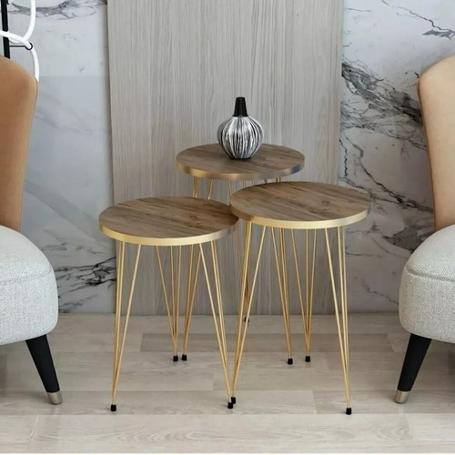 Round Nesting Coffee Table Decorative Gold Metal Leg Modern Furniture Set 3 Pcs - Picture 10 of 20