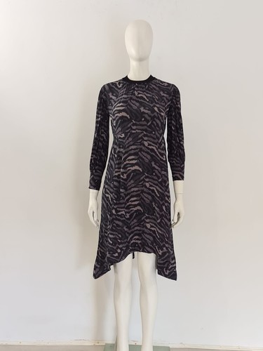 All Saints (XS) 'Fayre Remix' Midi-Dress Black Grey Zebra Print Waist-Tie Crepe - Picture 3 of 11