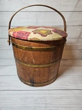 Antique Wooden Firkin Bucket w/ Padded Lid-12.5" Tall, Pantry Storage Primitive