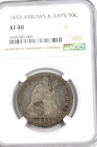 1853 Arrows Rays Seated Liberty Half Dollar : NGC XF40