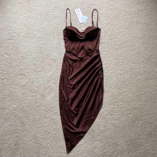 BNWT Oh Polly A Minute Past Midnight Brown Satin Corset Bodycon Midi Dress UK 8 - Picture 1 of 3