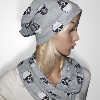 Beanie Schal SET Longbeanie Rundschal Loop Damen kleine Totenkopf Grau meliert