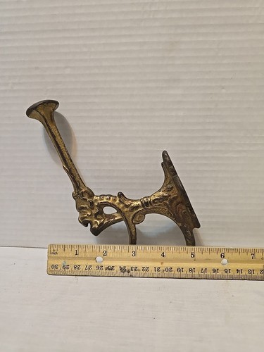 Antique Victorian Brass double Coat & Hat Hook Rack Wall Mount 7” Vintage K6 - Picture 3 of 9