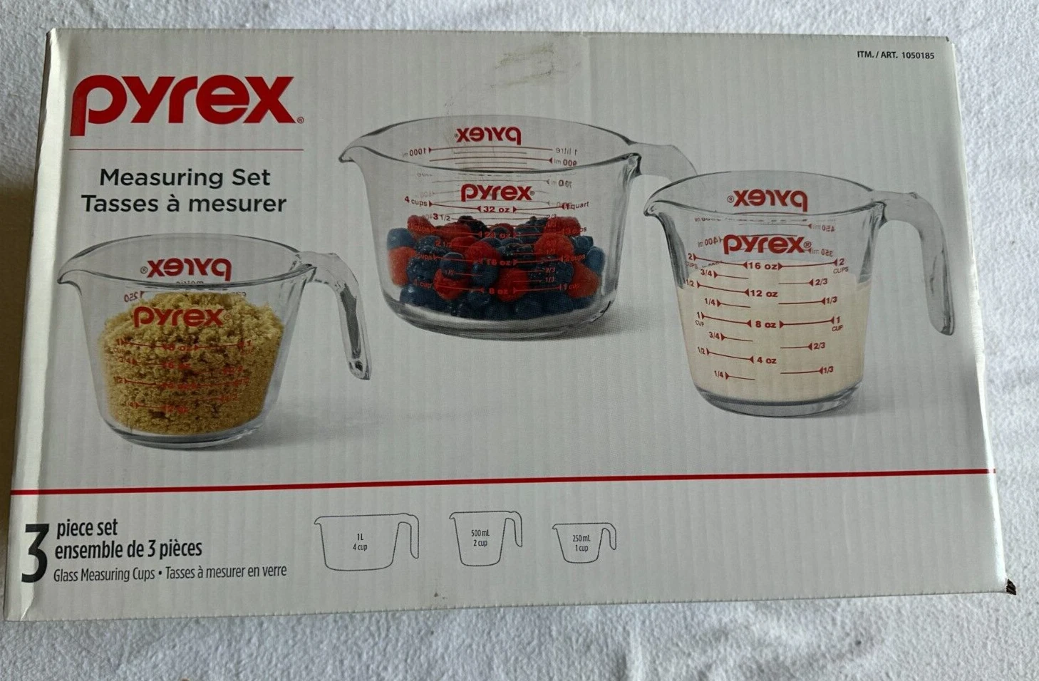 Pyrex 3 Piece Glass Measuring Cup Set, Includes 1-Cup, 2-Cup, and 4-Cup