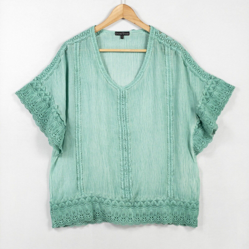Bua Bua Top Bluse M Medium Grün Viskose Spitzenbesatz Kurzarm V-Ausschnitt Freizeit