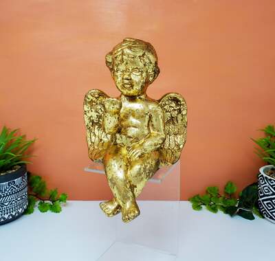 Gold Leaf Angel Cherub | Gold Paper Mache Baby Angel Mantel Statue Decor 7'' Tall