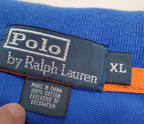 Vintage Polo Ralph Lauren Herren Gr. XL blau orange selten Wappen bestickt Piqué Hemd - Bild 2 von 12