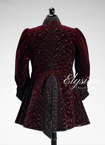 Regal Burgundy Velvet Embroidered Coat with Beaded Detailing and Lace Cuffs - Picture 2 of 6