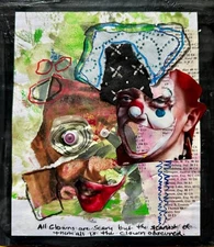 Mixed Media original art collage assemblage 7" x 7.75" on cardboard clown