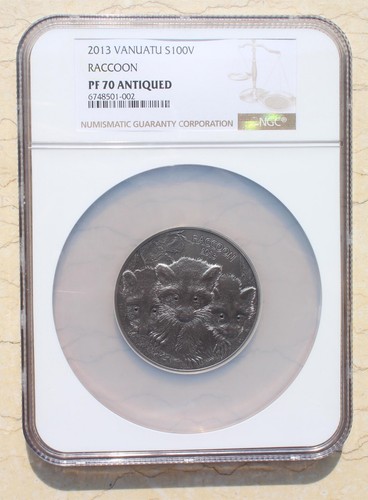 NGC PF70 Antiqued 2013 Vanuatu 2oz Silver Coin - Raccoon