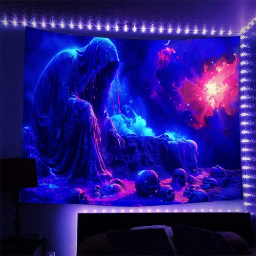 UV Reactive Blacklight Skull Sun Moon Gothic Skeleton Witchy Hippie Tapestry for - Picture 3 of 14