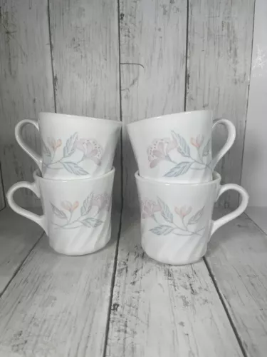Set of 4 Vintage Corning Pink Trio Coffee Mugs White Swirl Pink Flowers