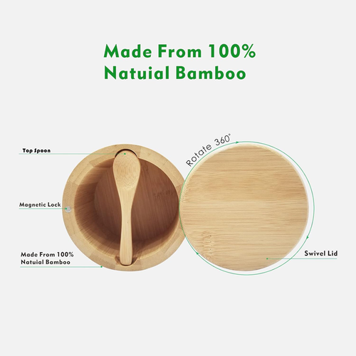 Bamboo Salt Box 8oz – Swivel Lid, Spoon, Magnetic Seal, Labeled Spice Cellar - Picture 4 of 6