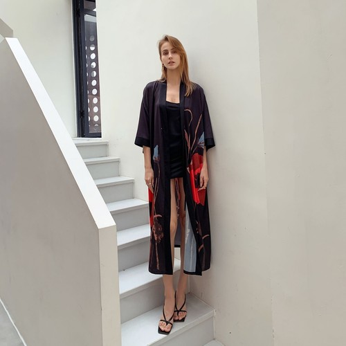 Women Satin Kimono Robe 3/4 Sleeve V Neck Drop Shoulder Luxury Belted Bathrobe - Picture 39 of 97