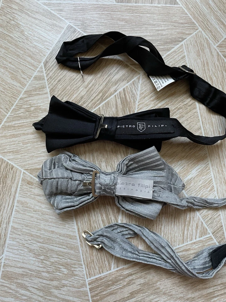 Pajarita X2 Vintage 100% Seda Diseñador Italia Pietro Filipi Rayas Gay y Negra Foto 2 de 4