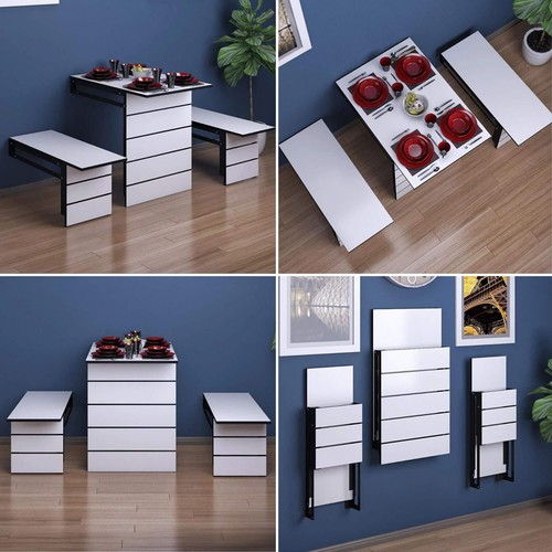 Folding Table & Benches Wall Mounted Space Saving Foldable Dining Kitchen Table - Picture 2 of 17
