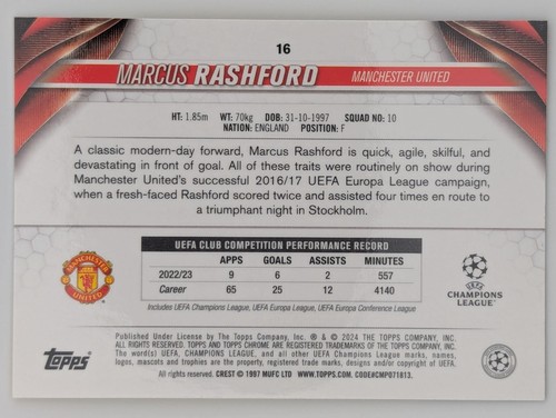2023-24 Topps Cromo UEFA - Marcus Rashford #16 Oro Hielo agrietado 01/75 - Imagen 2 de 2