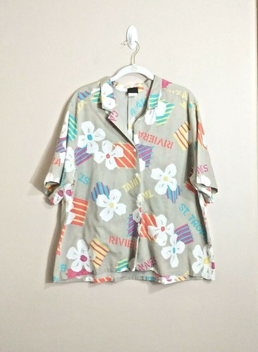 VTG Womens Hawaiian Button Up Shirt XL Beige Tropical Floral Granny Beach 90s