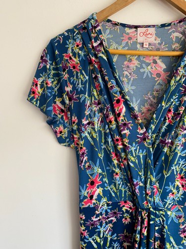 Leona Edmiston Dress Womens Size 12 Blue Pink Floral Pleated Short Sleeve V-Neck - Bild 2 von 7