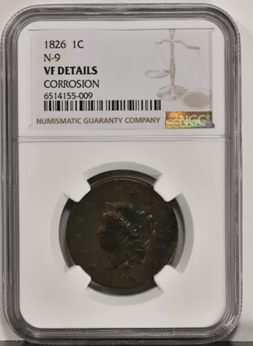 1826 LARGE CENT Coronet Head N-9 NGC VF Details CRROSION Graded Coin 1645 36832