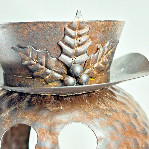 Hammered Metal Snowman Rustic Bronze 14 inch Top Hat Scarf Hold Votive Candle - Imagen 13 de 17