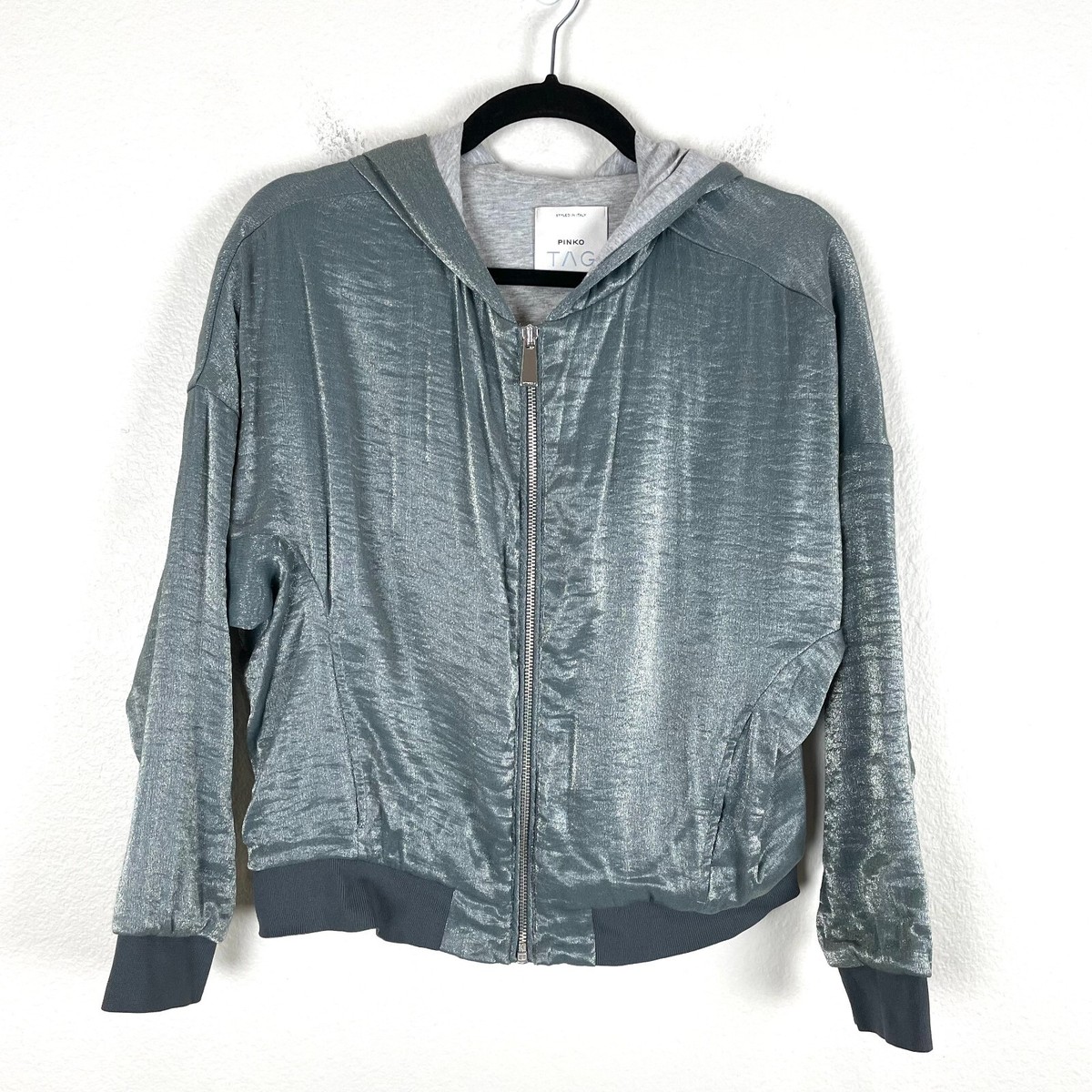 ジャケット PINKO Women Jackets 104845 A2EKI12 Grey PINKO TAG Womens Size 4 Gray Shimmer Zip Up Bomber Jacket