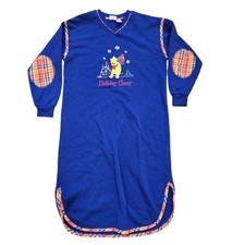 Vtg 90s Winnie The Pooh Nightgown Womens M Blue Fleece Elbow Patches Holiday