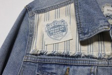 Upcycled Wm's Size L/XL Denim Fitted Jacket Flour Sack Applique 100% Cotton Upcycled Wm's Size L/XL Denim Fitted Jacket Flour Sack Applique 100% Cotton