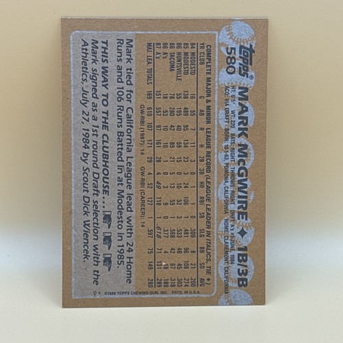 1988 Topps - Topps All-Star Gold Rookie Mark McGwire #580  - Bild 2 von 2