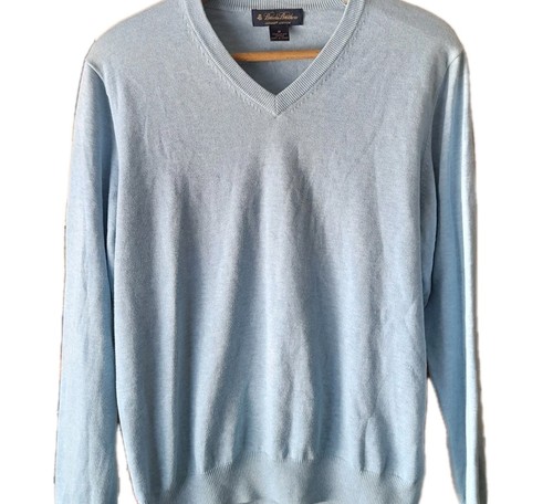 Brooks Brothers Mens Jumper Medium Sky Blue Cotton Sweater Knit V Neck Pulover