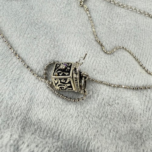 Silver-Tone Prayer Box Locket Necklace Ornate Etching & Purple Gemstone Accents - Picture 13 of 24