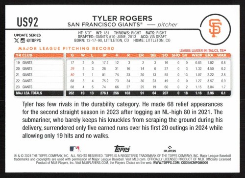 2024 Topps Update Tyler Rogers Auto San Francisco Giants #US92 COA Card Signed - Picture 2 of 2