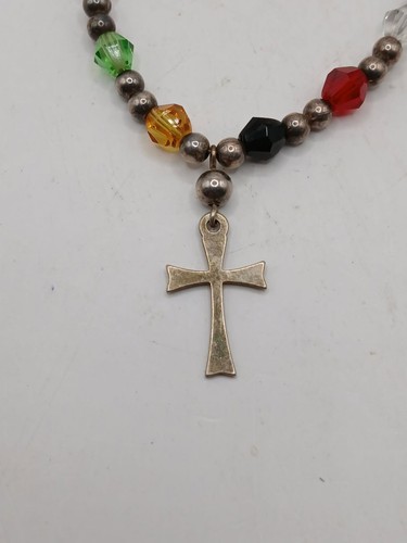 Sterling Silver & Multicolor Beaded Necklace with Cross Pendant - Picture 2 of 3