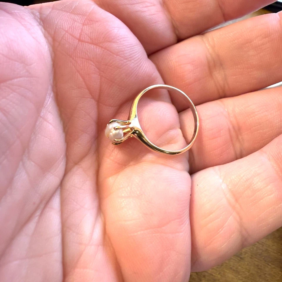 Винтажное кольцо из 14-каратного золота с проверенным пресноводным жемчугом и солитером желтое золото без маркировки - Изображение 4 из 4