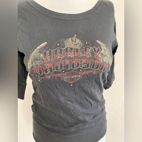 VTG y2k 2000s Harley Davidson Sexy Rhinestone Top Baby Tee Angel Wings San Diego - Picture 8 of 11
