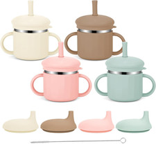 Upgrade Stainless Steel Baby Sippy Cups, 7.4 Oz Spill Proof Toddler Straw Cups,