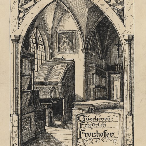 Exlibris Zeichnung Tinte Bücherei Fronhofer Symbolismus Orig monogrammiert 1905 - Bild 1 von 3