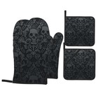 Victorian Gothic Black Skull Damask Oven Mitts and Pot Holders Sets of 4,Resi...