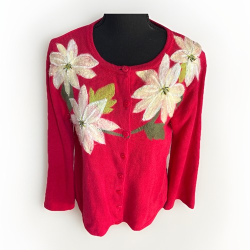 CARLY ST CLAIRE roter Weihnachtsstern Perlen Weihnachten Xmas Strickjacke Pullover Gr. XL - Bild 9 von 24