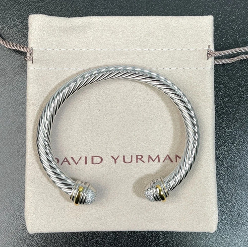 David Yurman 925 Sterling Silver 7 mm Cable Bangle with Diamond Accent Size M 7"