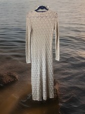 zara gold open knit midi maxi dress crochet sheer unlined argyle M 10 12 14