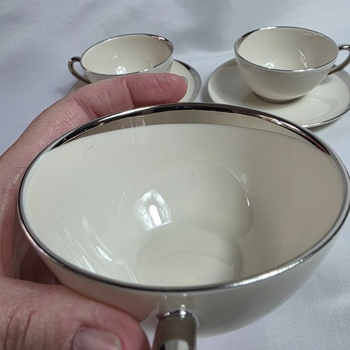 THREE Pickard Crescent Cup & Saucer Sets Ivory with Platinum Band on Edge - Picture 16 of 18