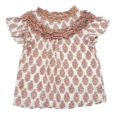 Marea Top Womens Size Small White Pink Printed Floral Ruffle Neckline Liz Joy
