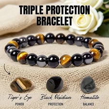 Triple Protection Bracelet 8mm Tiger Eye Obsidian Hematite Crystal Gemstone Bead