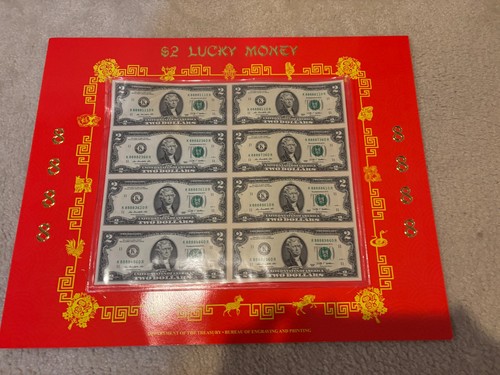 2 $ "8888" ungeschnittene Dollarscheine 8 Scheine - chinesisches Geldblatt ein Schein hat 5 "8er"